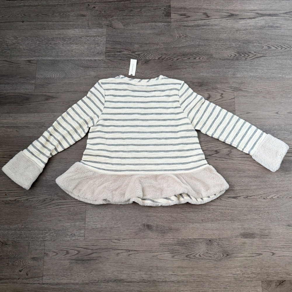 Anthropologie Maeve‎ Astor Fur-Trimmed Striped Pullover Sweater M White/Gray NWT - Picture 5 of 12